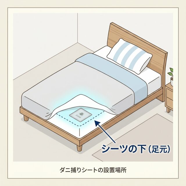 ベッド・布団でのダニ捕りロボの正しい置き方（図解）