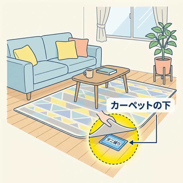 カーペットでのダニ捕りロボの正しい置き方（図解）