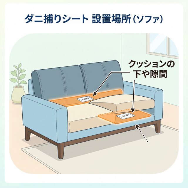 ソファでのダニ捕りロボの正しい置き方（図解）